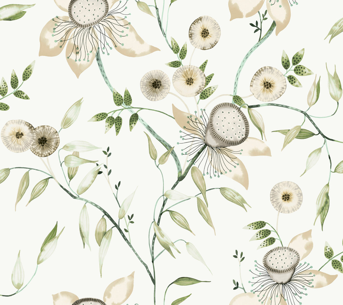 Sample Dream Blossom Wallpaper in White/Green from the Blooms Second Edition