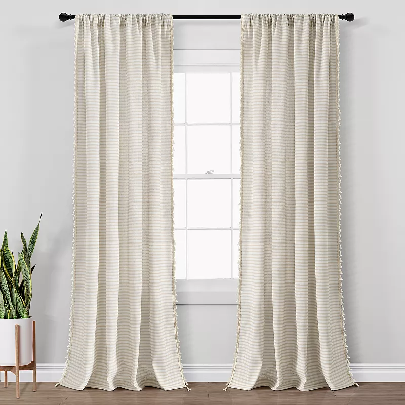 Lush Decor Boho Coastal Horizontal Ticking Stripe Tassel Set of 2 Window Curtain Panels