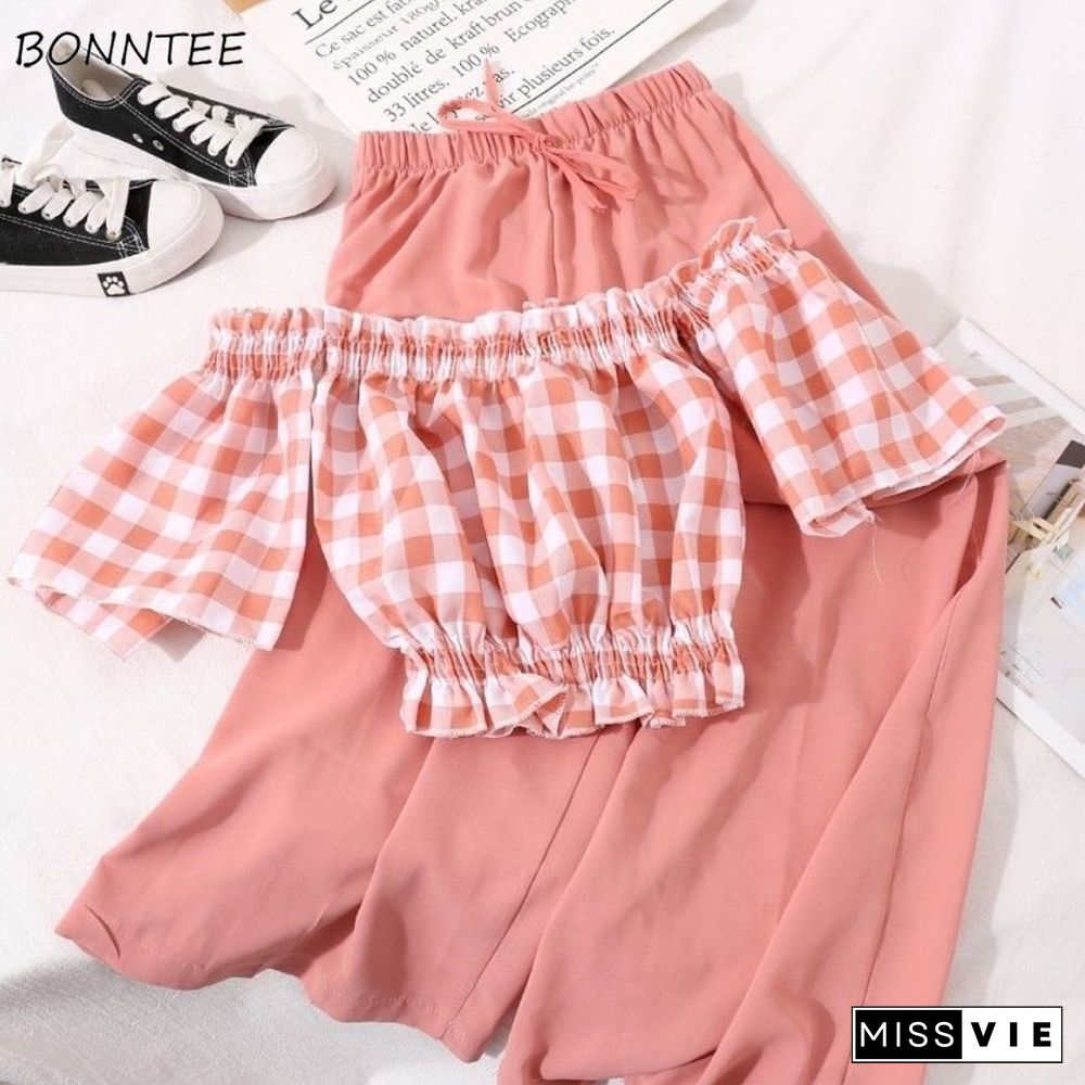 Women Sets Crop Tops Slash Plaid Off Shoulder Sexy Loose High Waist Wide Leg Pants Kawaii Two Piece Casual Summer Ulzzang New