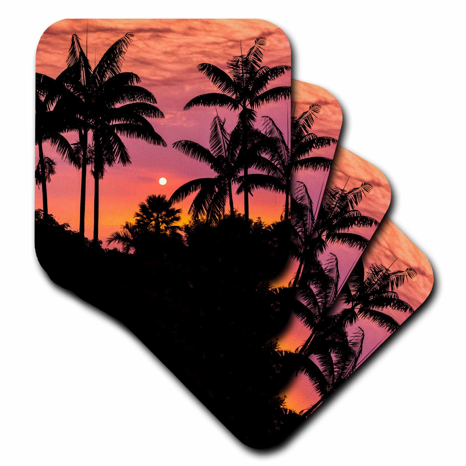 3dRose Silhouetted palm trees at sunset， Kona Coast， The Big Island， Hawaii - Soft Coasters， set of 4