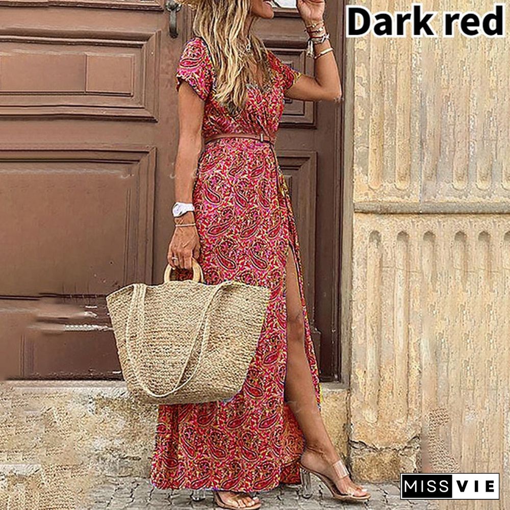 Summer Women's Fashion Retro Floral Elegant Dress Ladies Loose Casual Long Dress One-piece Bohemian Dress with Free Belt