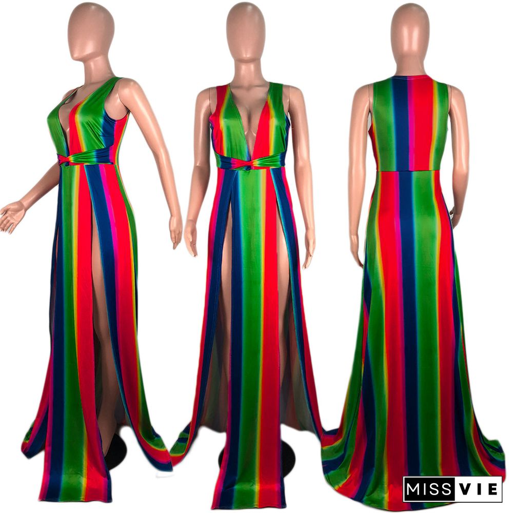 Sexy Rainbow Striped Print Deep V Neck High Slit Maxi Dress