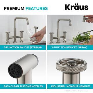 KRAUS Urbix Double Handle Industrial Bridge Kitchen Faucet with Side Sprayer in Spot Free Stainless Steel KPF-3125SFS