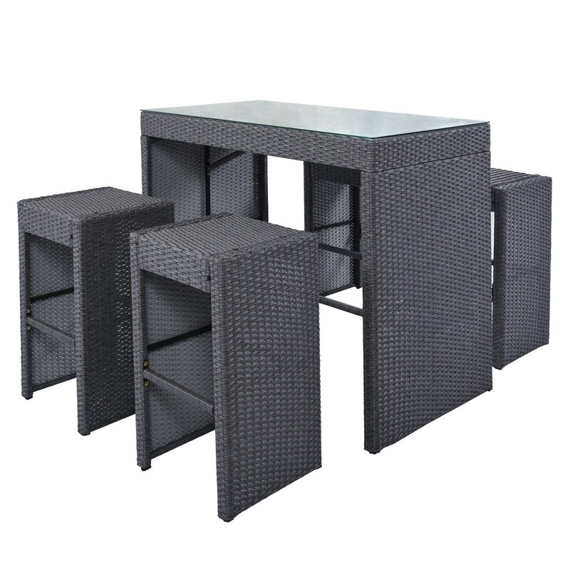 Rattan Outdoor Patio Furniture Set Bar Dining Table Set with 4 Stools