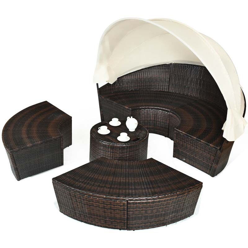 Rattan Wicker Patio Round Daybed with Retractable Canopy & Coffee Table, Outdoor Sectional Furniture Sofa Set