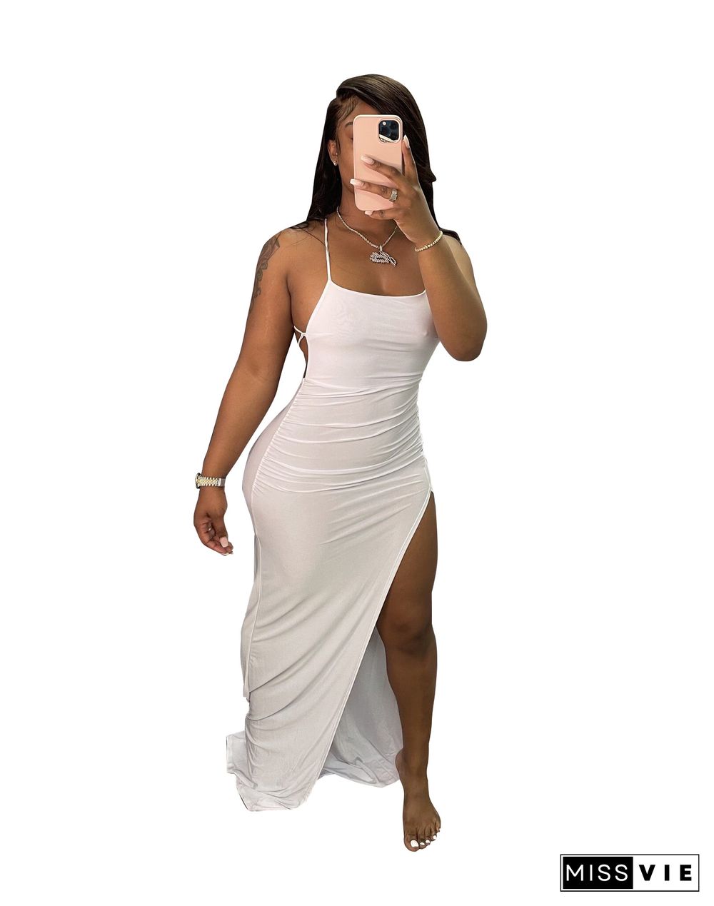 Women Sexy Solid Backless Halter Sling Bandage High Side Slit Slinky Evening Party Long Maxi Dress