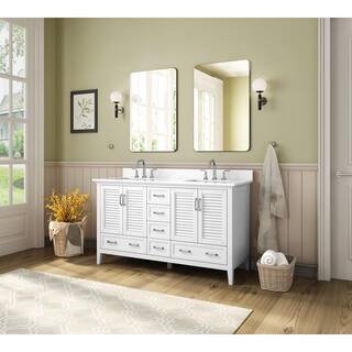 Home Decorators Collection Dennick 60 in. W x 22 in. D x 34.5 in. H Double Vanity in White with Engineered Carrara Marble Top and White Sinks TJ-0213V6022WH