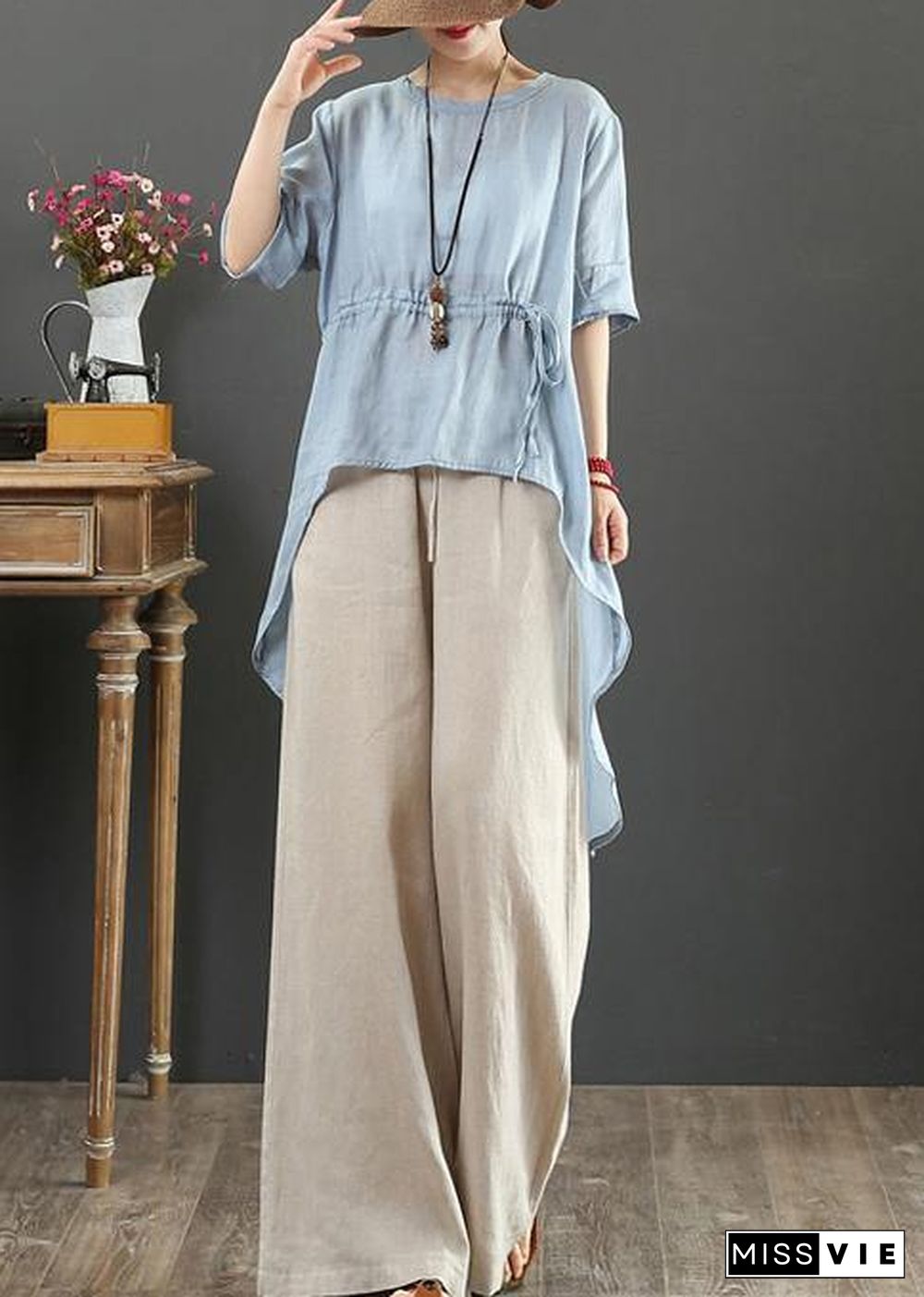 DIY light blue linen clothes o neck asymmetric box shirts