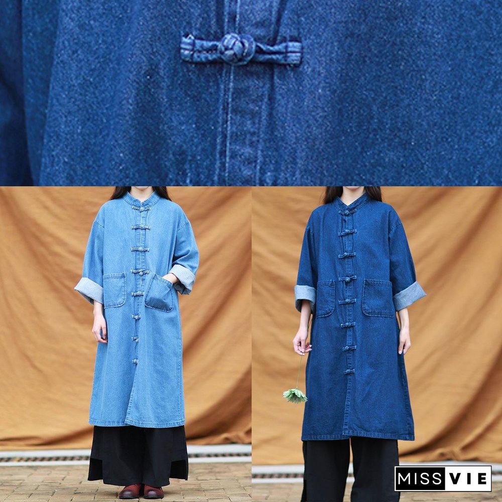 DIY denim blue tunic stand collar pockets Maxi Dress