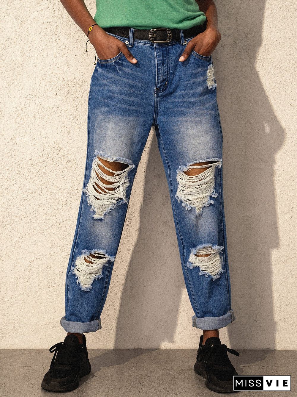 Blue Random Ripped Denim Sheath Vintage Jeans