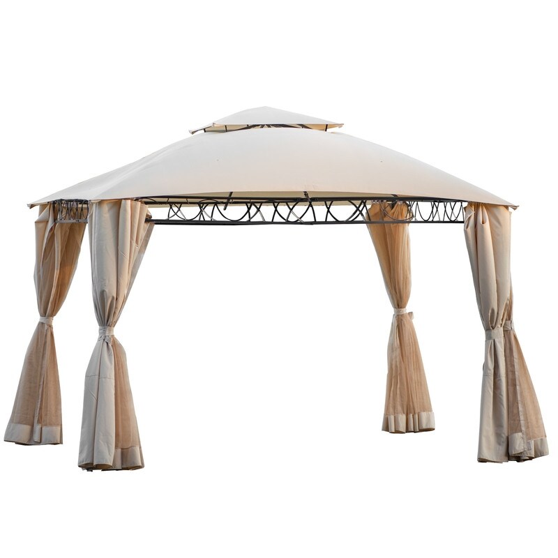 Outdoor Garden Patio Gazebo with 2 Tiered Canopy and Folding Curtains