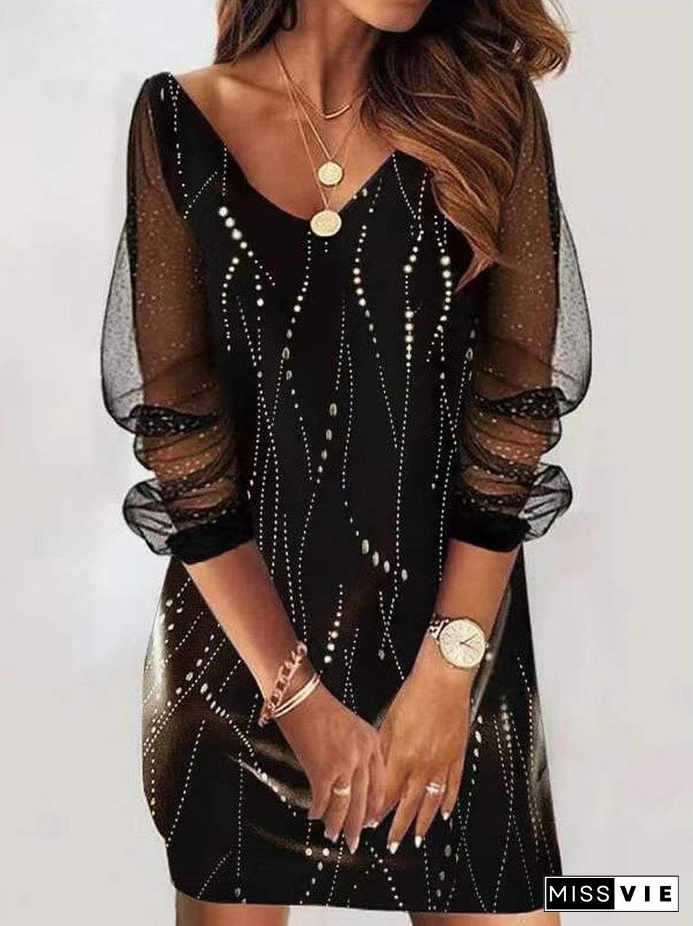 Women's Long Sleeve V-neck Stitching Graphic Midi Dress