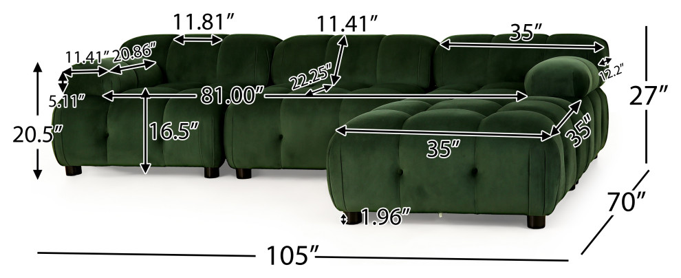 Kildare Velvet 3 Seater Modular Tufted Sectional   Contemporary   Sectional Sofas   by GDFStudio  Houzz