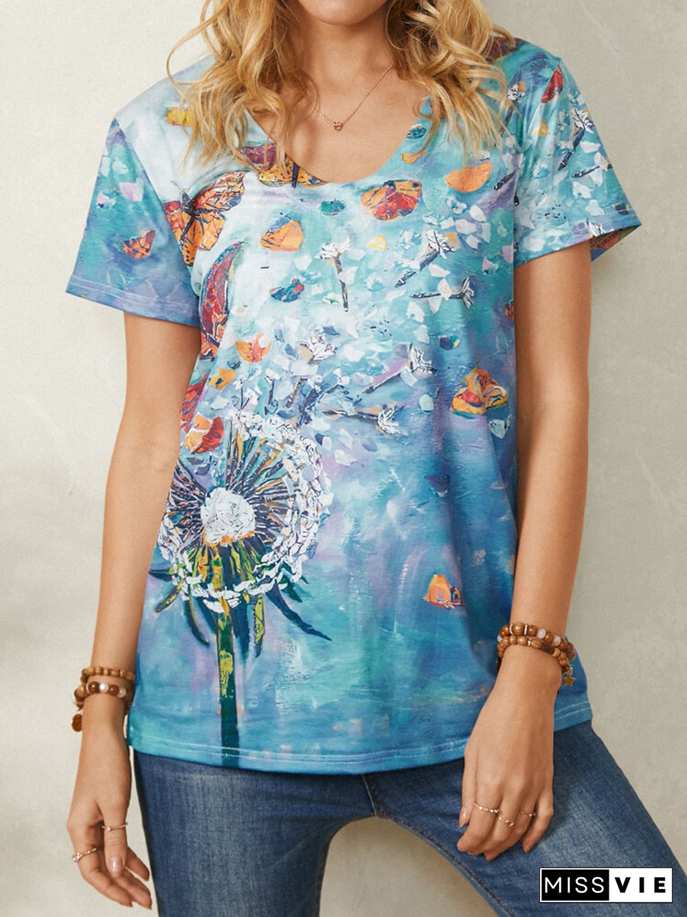 Butterfly Print V-neck Short Sleeve Casual T-Shirt For Women