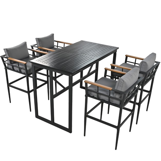 Steel Outdoor Dinner Set With Acacia Wood Handrails For Patio Balcony Or Backyard black Modernluxe