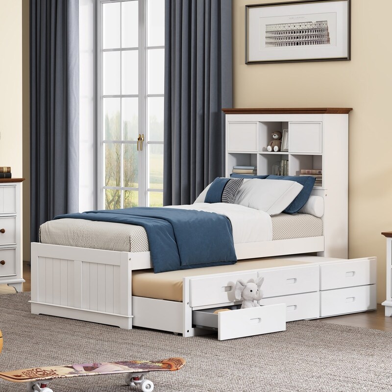 3 Pieces Wooden Captain Bedroom Set Twin Bed with Trundle  Nightstand and Chest  White + Walnut