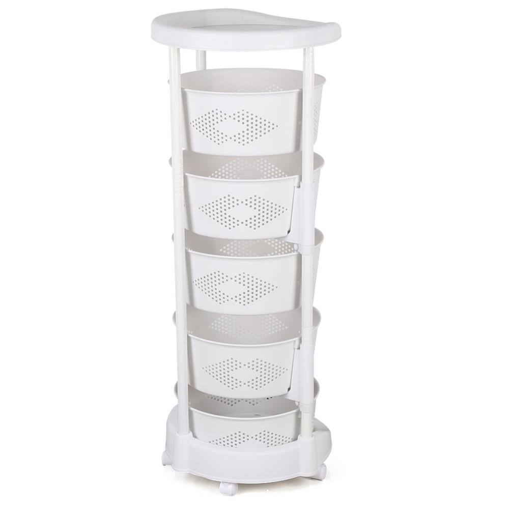 YIYIBYUS White Rolling 5-Tier PP Carbon Steel Storage Basket Shelving Unit (14.3 in. W x 36.2 in. H x 14.3 in. D) HG-HSYXF-6820