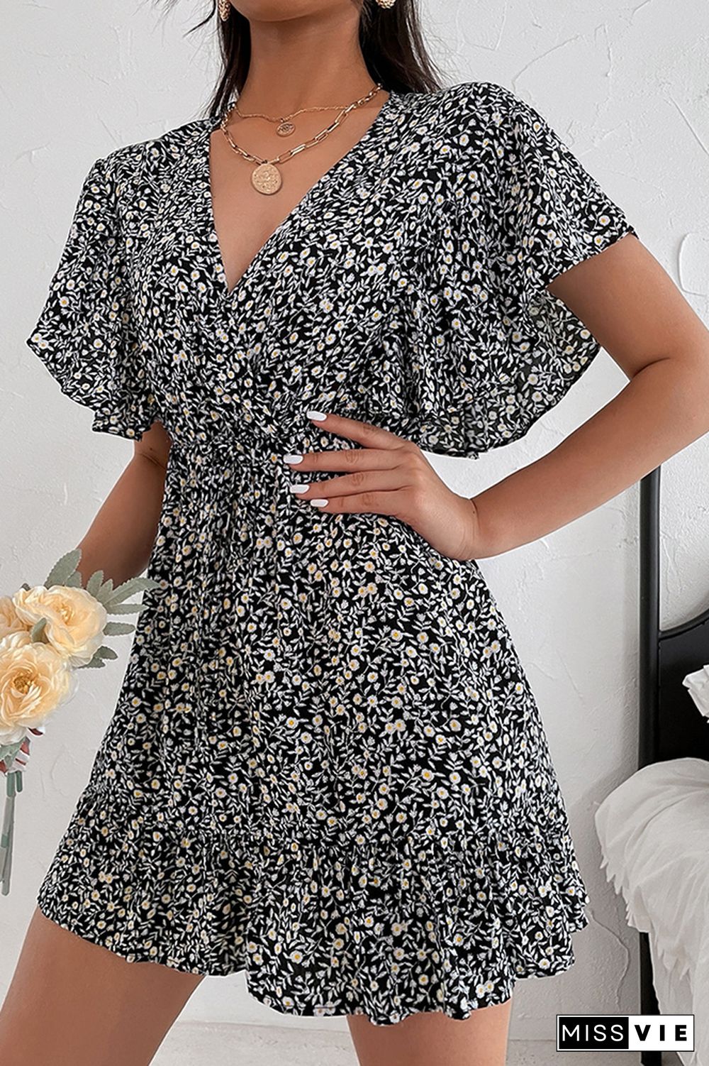 Floral Print Ruffle Sleeve Deep V Neck High Waist Dress Wholesale