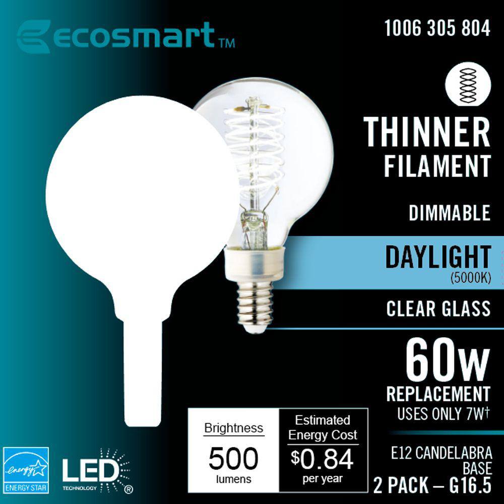 EcoSmart 60-Watt Equivalent G16.5 Dimmable Fine Bendy Filament LED Vintage Edison Light Bulb Daylight (2-Pack) G16.5C7E12850S