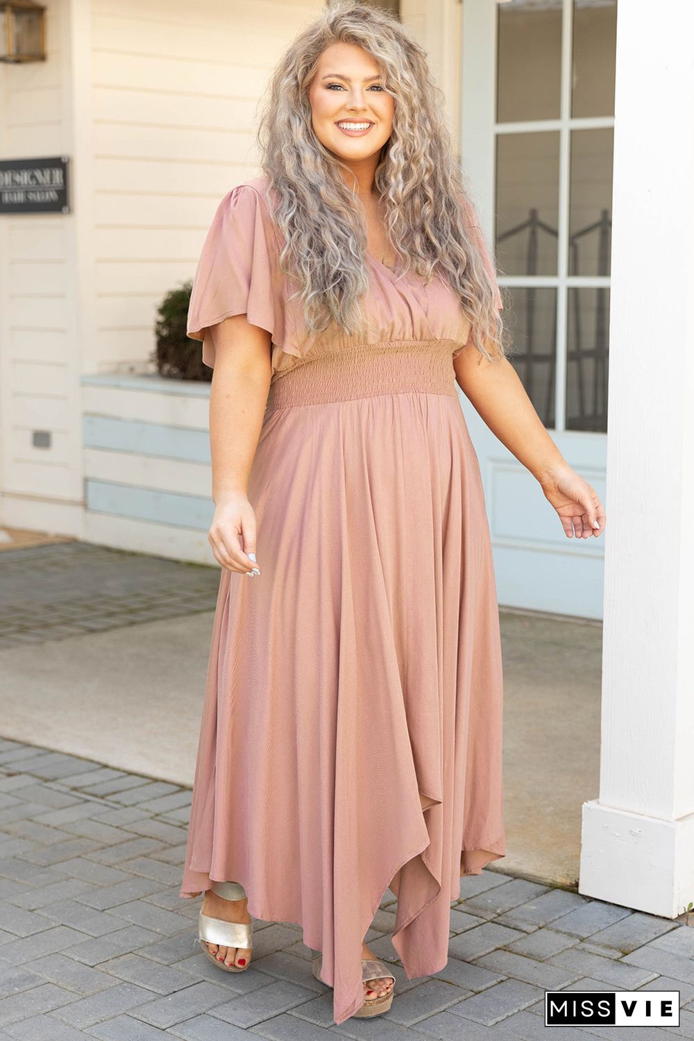 Pink Wrap V Neck Plus Size Handkerchief Dress