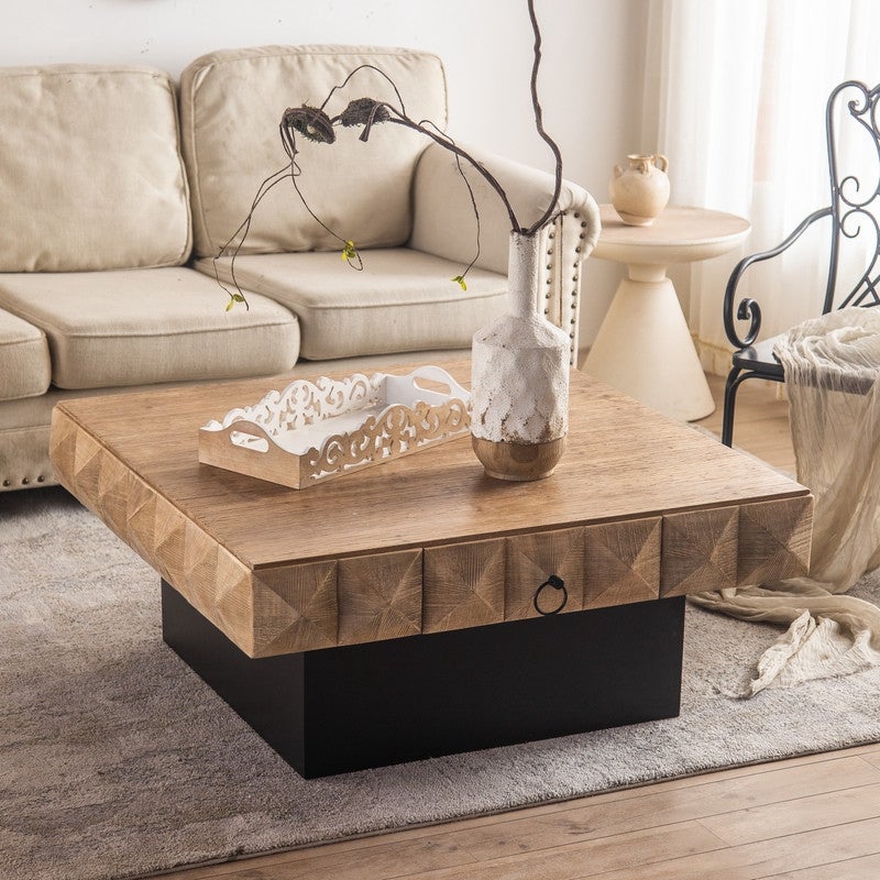 Retro Embossed Pattern Square Coffee Table with 2 Drawers and MDF Base