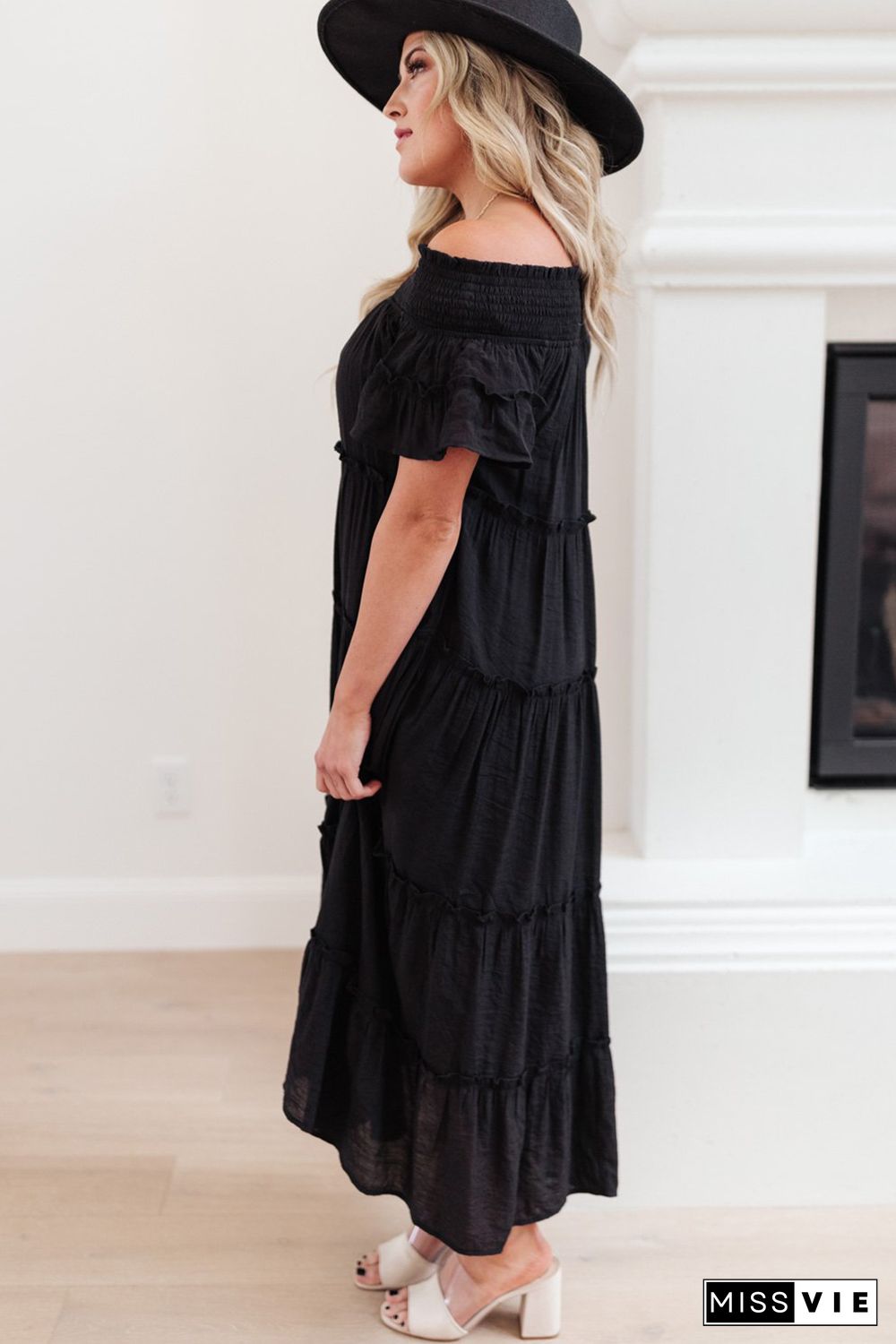 Black Plus Size Smocked Off Shoulder Frill Tiered Maxi Dress