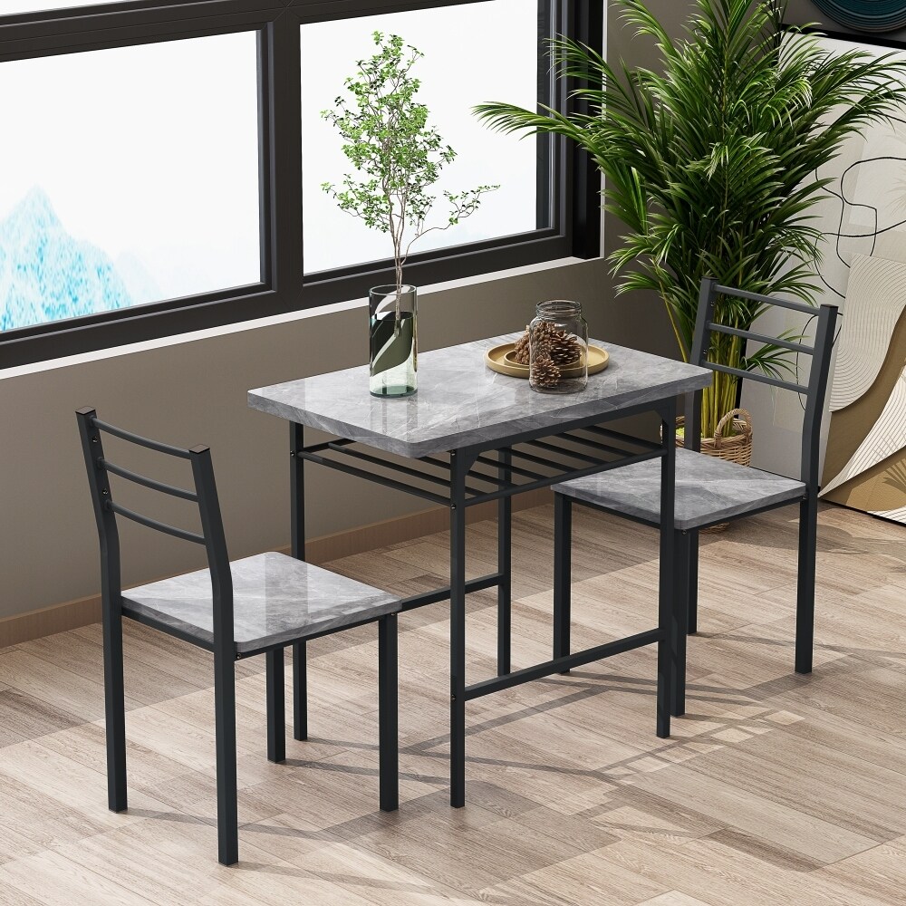 3 Piece Dining Table Set with 2 Chairs Marble Finish