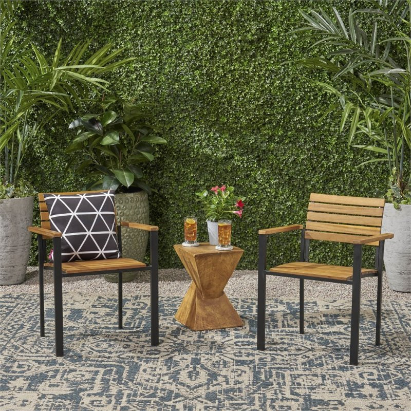 Noble House Laris Outdoor Wood and Iron Dining Chair in Teak (Set of 2)   Transitional   Outdoor Dining Chairs   by Homesquare  Houzz