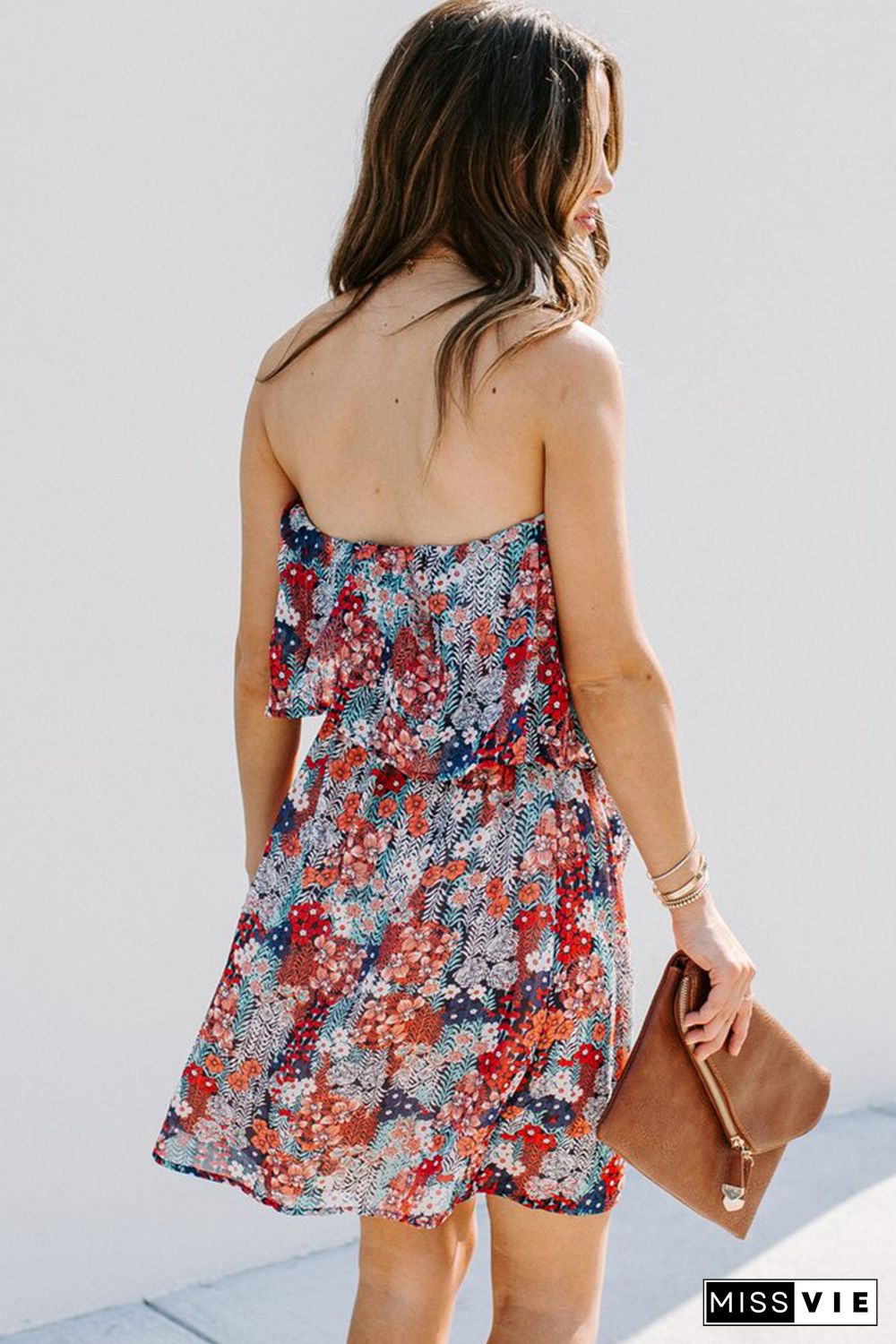 Red Floral Print Tiered Ruffled Bandeau Mini Dress