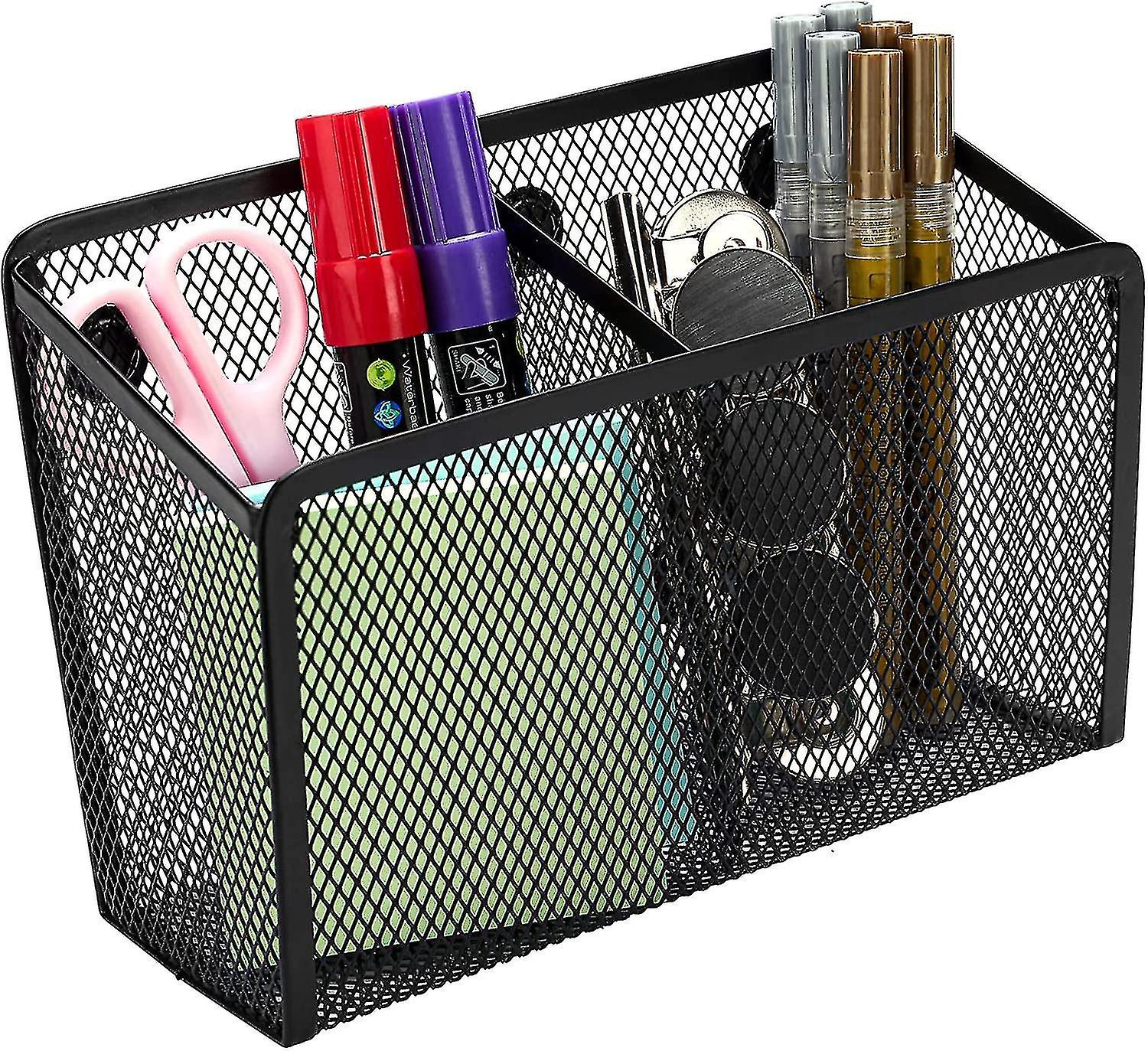 Magnetic Pencil Holder， 2 Compartments Mesh Stainless Steel Pen Basket， Metal Writing Utensil Storage Organizer