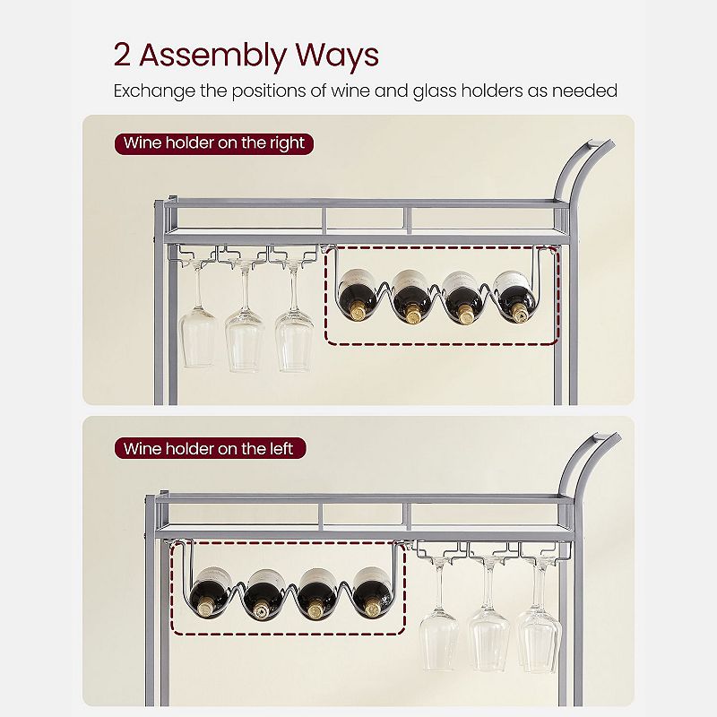 Home Bar Serving Cart， Wine Cart with 2 Mirrored Shelves， Wine Holders， Glass Holders， for Kitchen