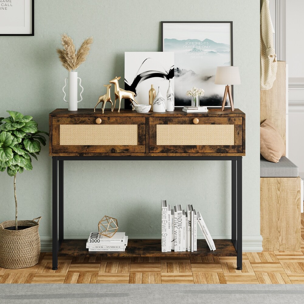 Rattan Console Table with 2 Drawers