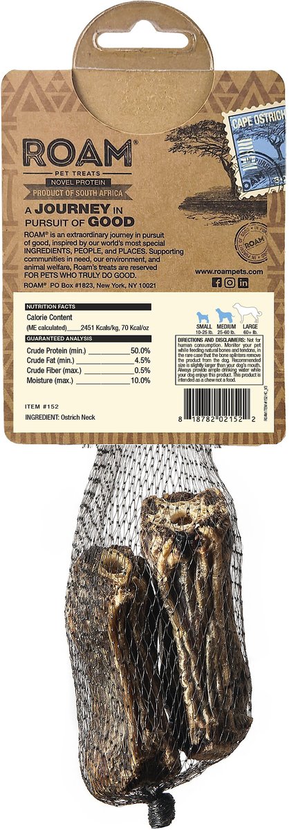 Roam Ossy Cuts Cape Ostrich Dog Treats， 2 count