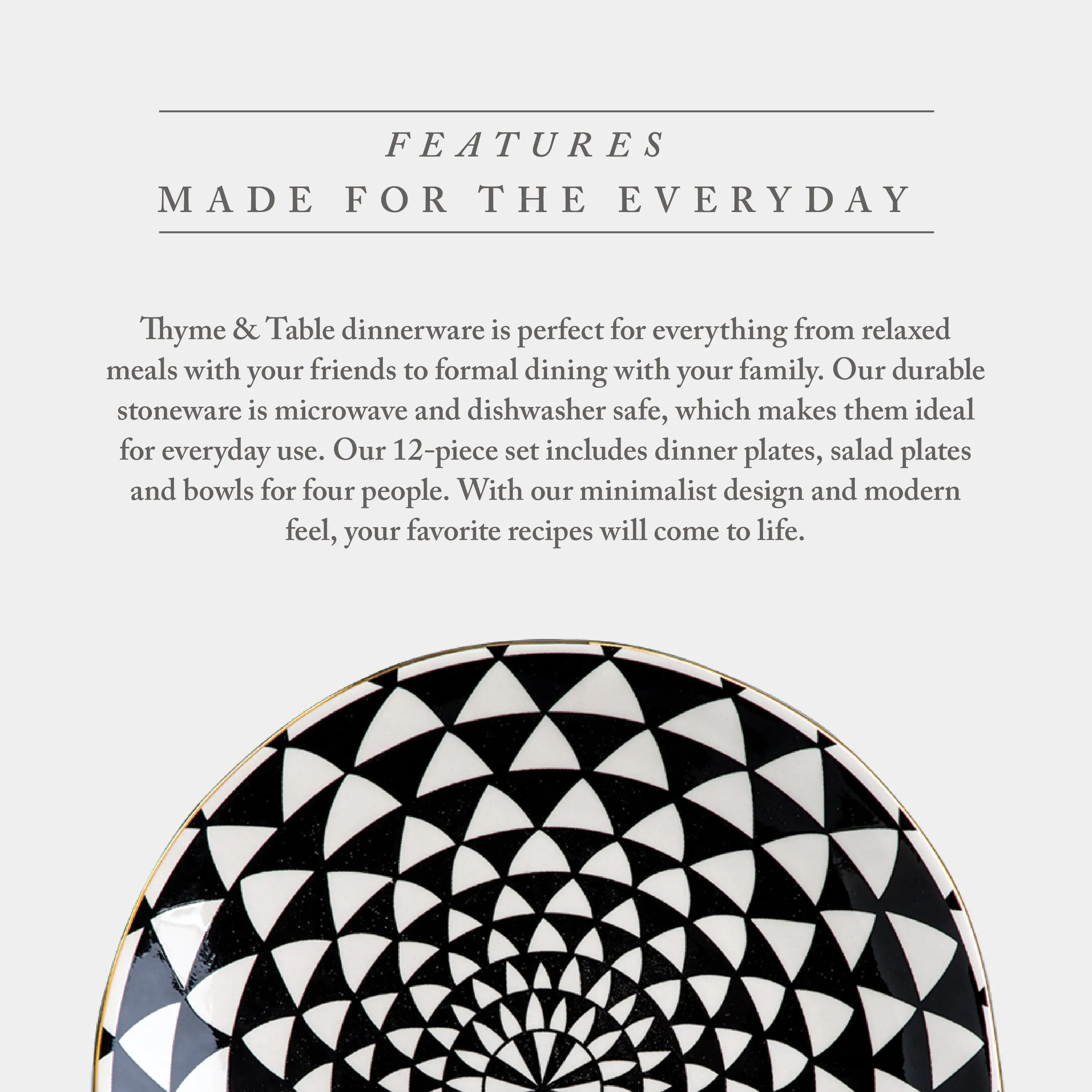 Thyme and Table Dinnerware Black and White Medallion Stoneware， 12 Piece Set