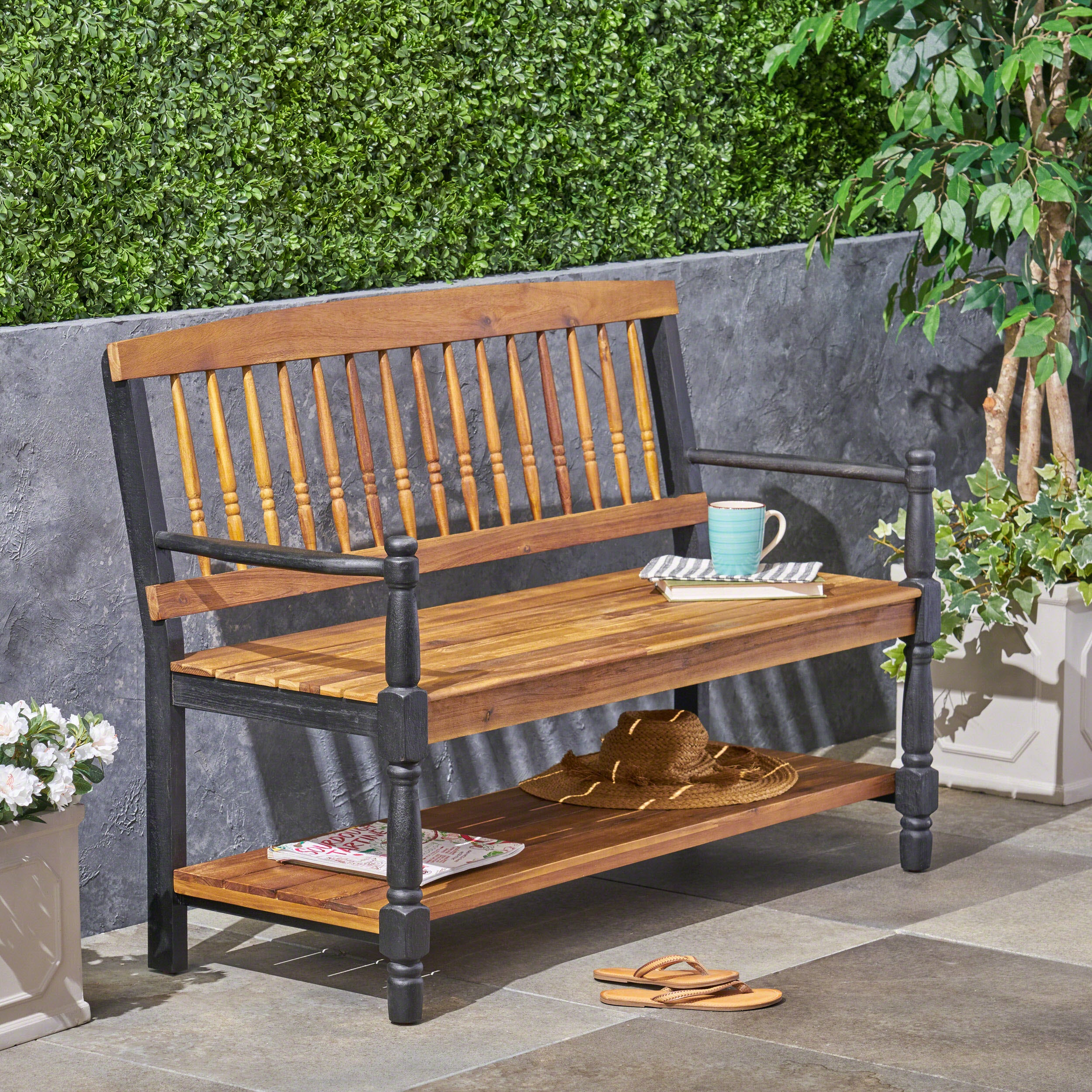 Daphne Outdoor Acacia Wood Bench with Shelf