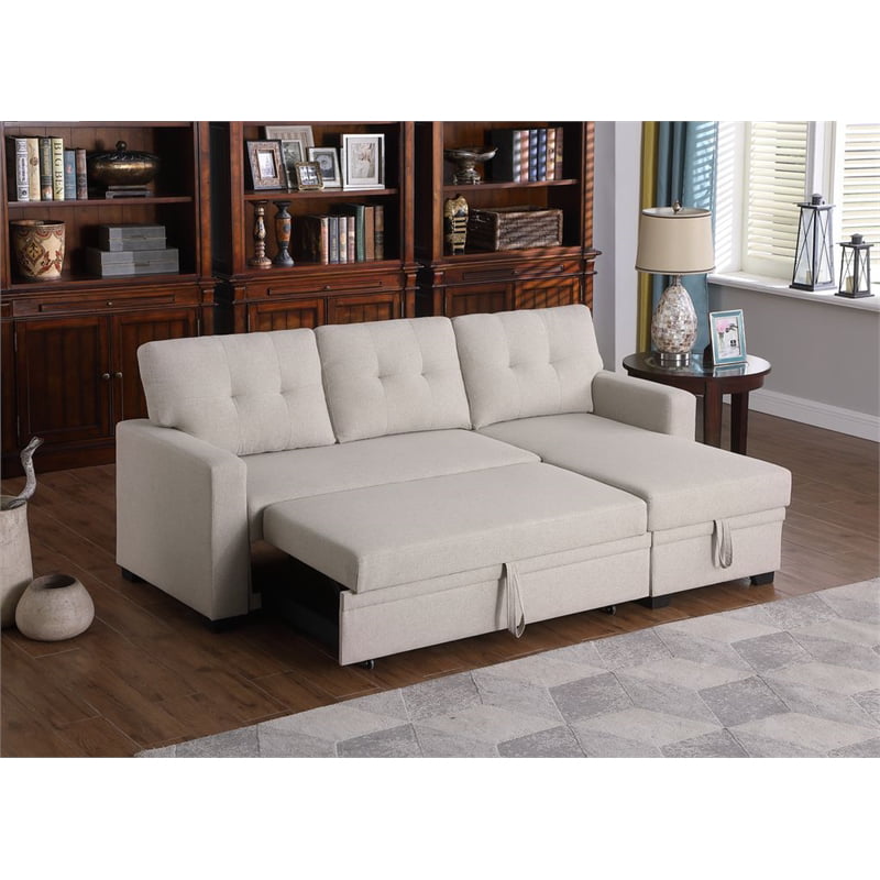 Pemberly Row Polyester Fabric Reversible Sleeper Sectional Sofa in Beige