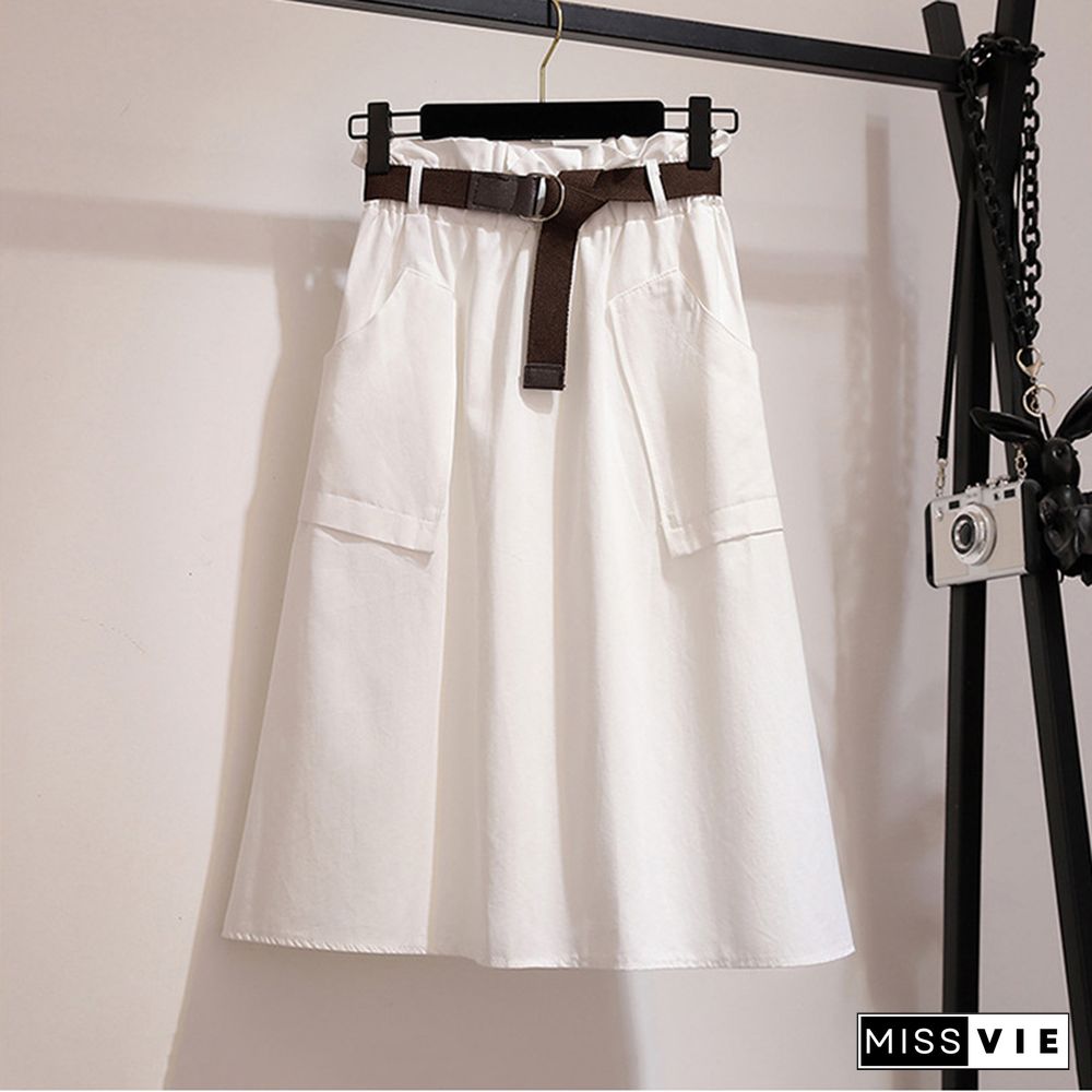 Midi Knee Length Summer Skirt Women With Belt Spring Casual Cotton Solid High Waist Sun School Skirt Female