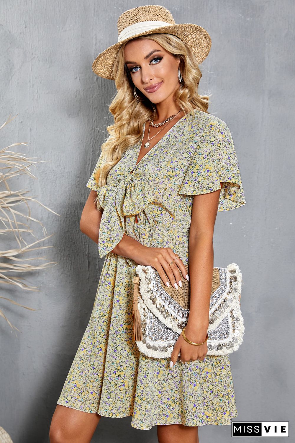 Floral Print Tie Knot Ruffled Short Sleeve Mini Dress