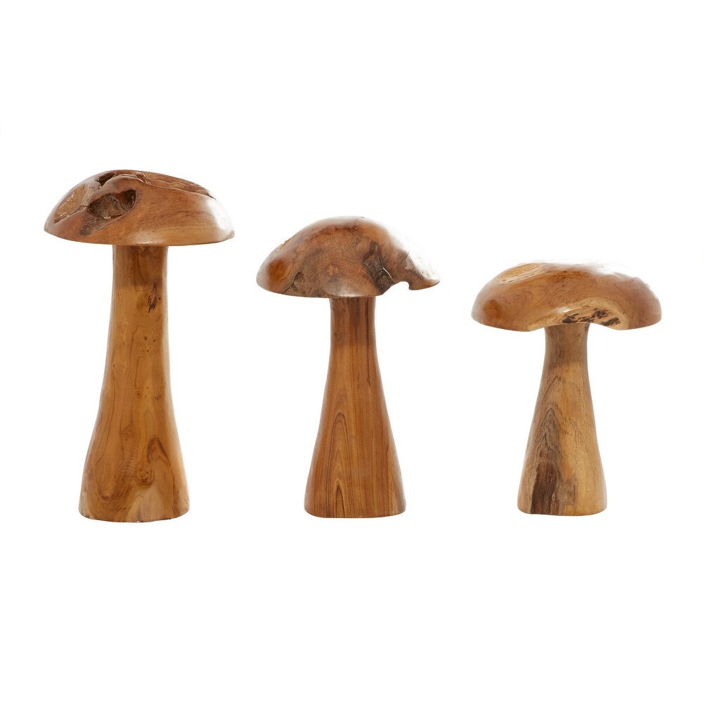 Brown Teak Wood Handmade Live Edge Mushroom Sculpture with Natural Smooth Finish (Set of 3)   S/3 16\