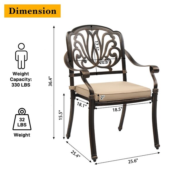 Set of 2 Cast Aluminum Patio Stackable Dining Chairs with Cushions