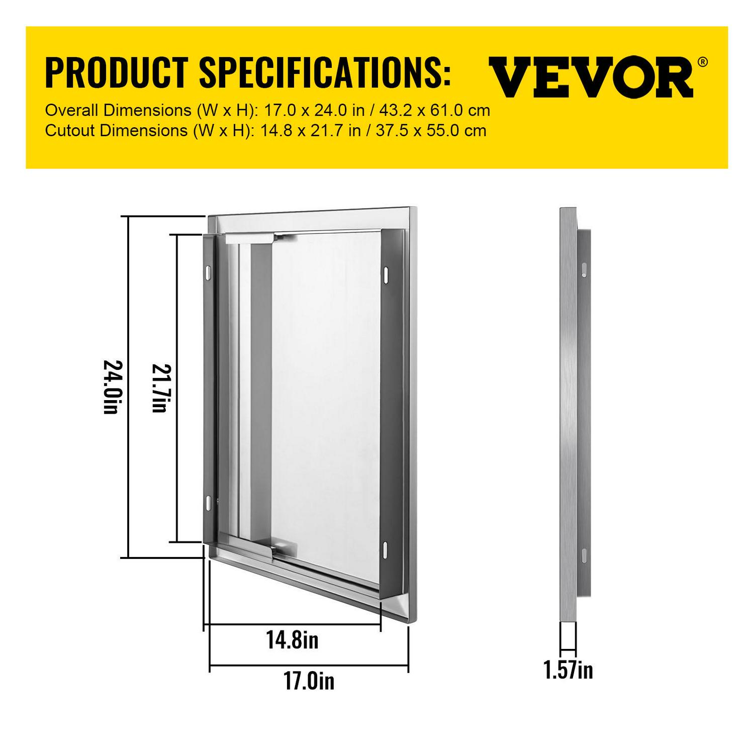 VEVOR BBQ Access Door 17W x 24H inch， Vertical Single BBQ Door Stainless Steel with Recessed Handle， Outdoor Kitchen Doors for BBQ Island， Grill Station， Outside Cabinet