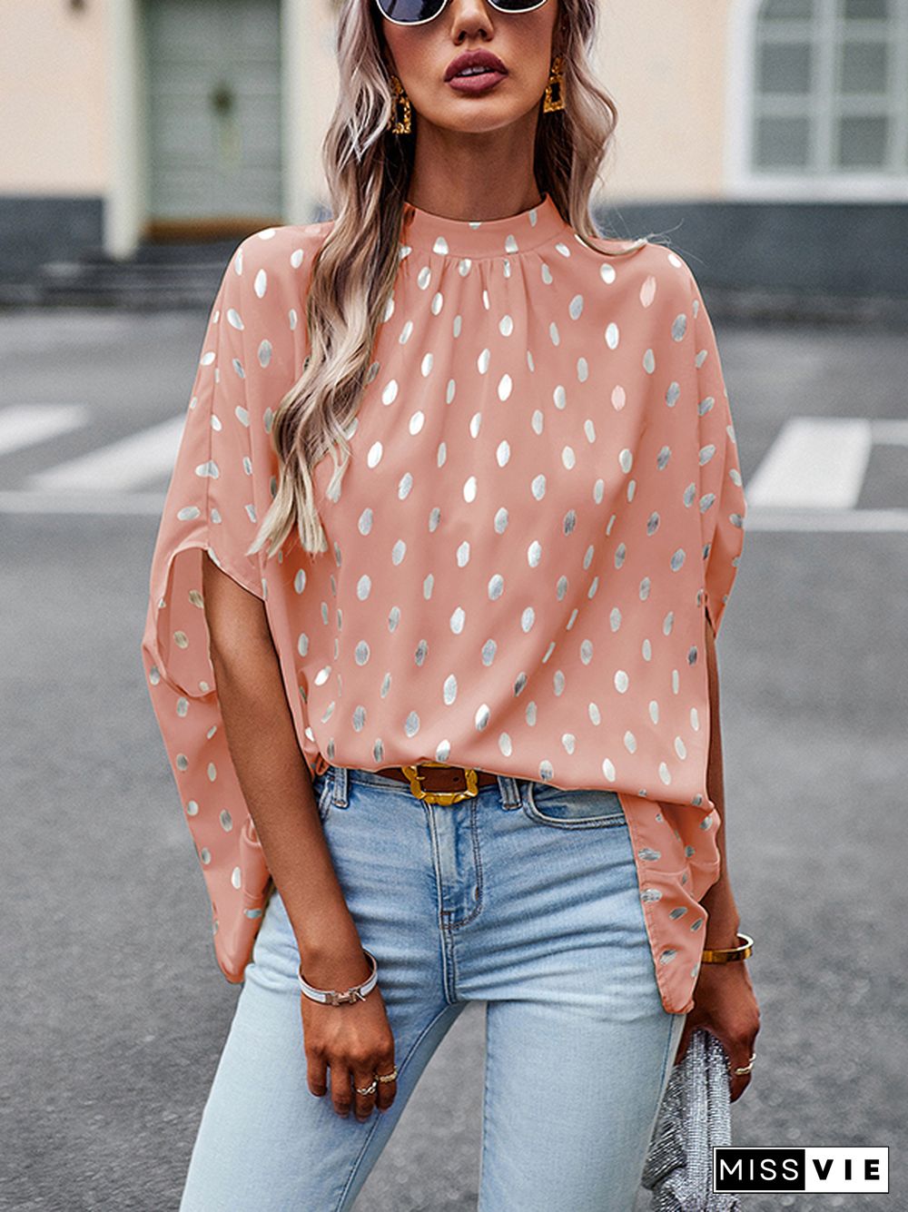 Loose Bandage Polka Dot Round-Neck Blouses&Shirts Tops