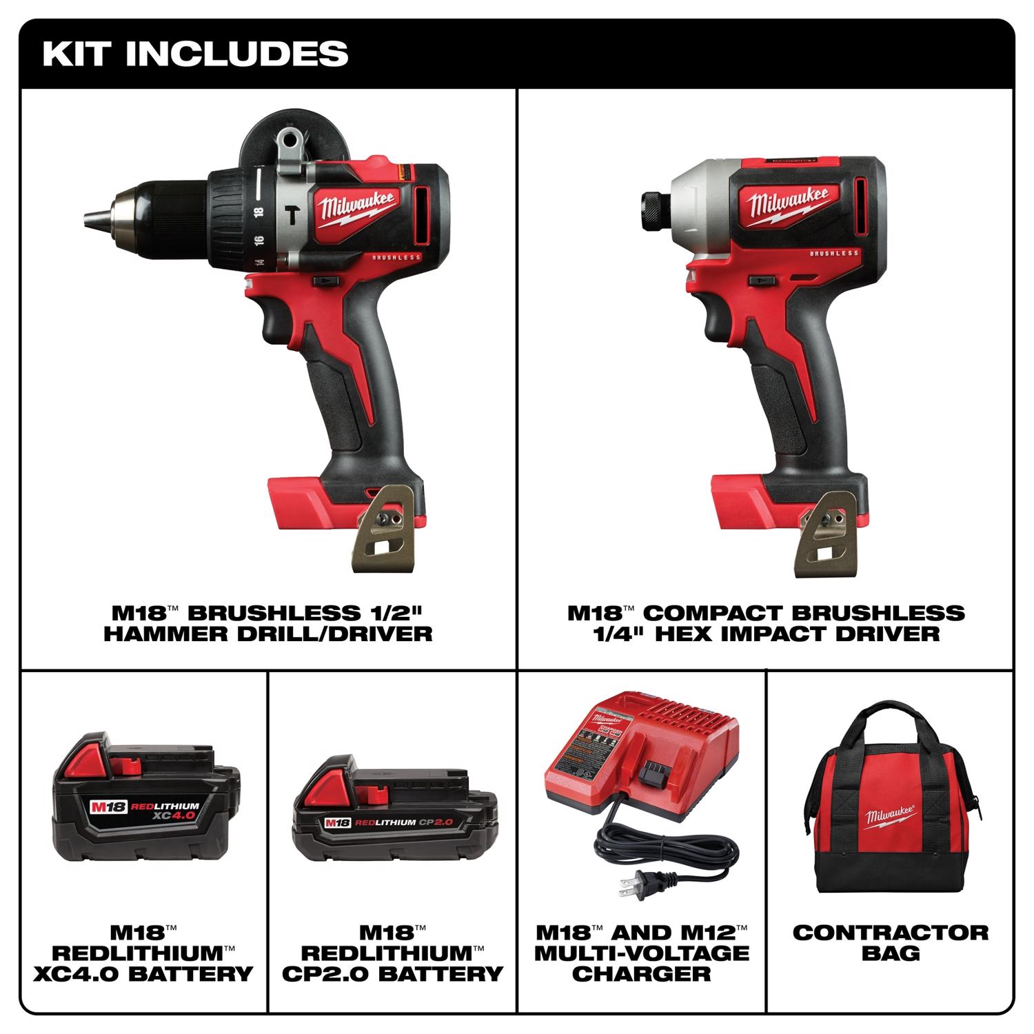 MW M18 18 V Cordless Brushless 2 Tool Compact Hammer Drill and Impact Driver Kit