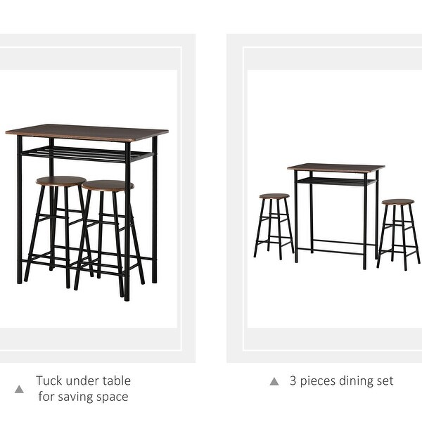 HOMCOM 3 Piece Bar Height Dining Furniture Set with 1 Table， 2 Matching Stools and Metal Frame Footrest