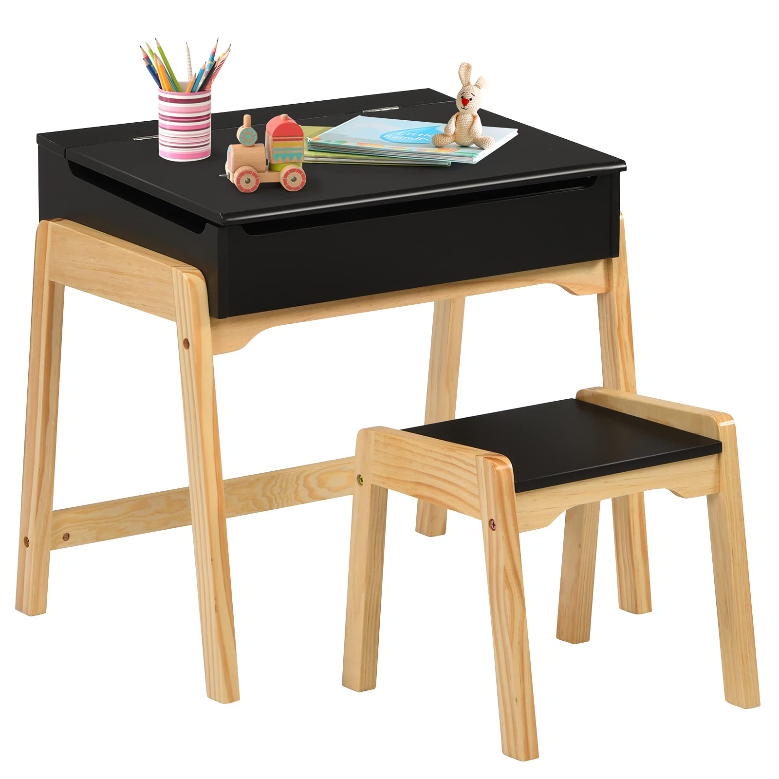 Costzon Kids Table and Chair Set, Wooden Lift-top Desk & Chair w/Storage Space