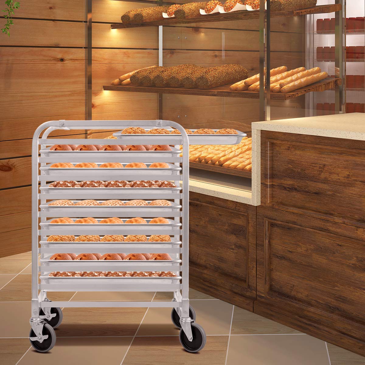 10 Tier Aluminum Bakery Rack Home Commercial Kitchen Bun Pan Sheet Rack Mobile Sheet Pan Racking Trolley Storage Cooling Rack w/ Lockable Casters