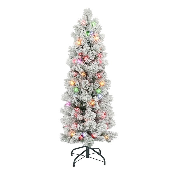 Puleo International 4.5 ft Prelit Flocked Portland Pine Pencil Artificial Christmas Tree