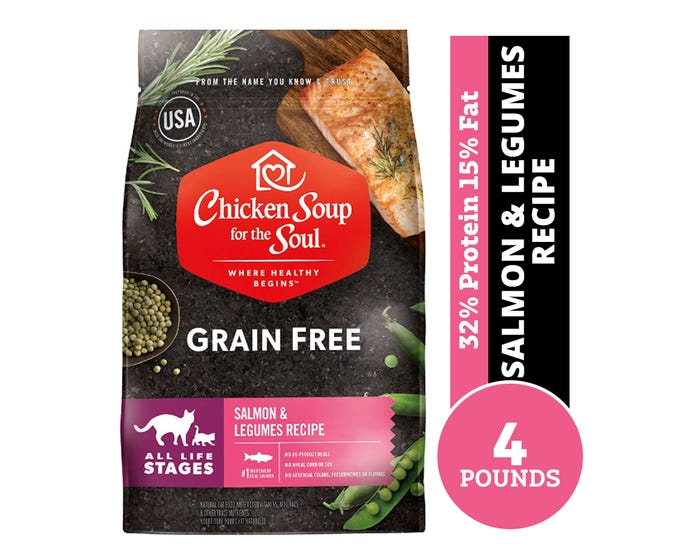 Chicken Soup For The Soul Grain Free Dry Cat Food， Salmon  Legumes Recipe， 4 lb. Bag