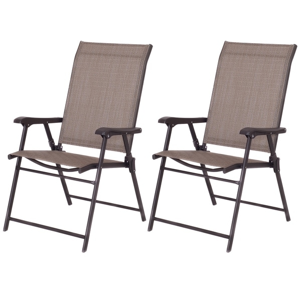 Folding Sling Chair Patio Furniture Set of 2 Armchairs Brown