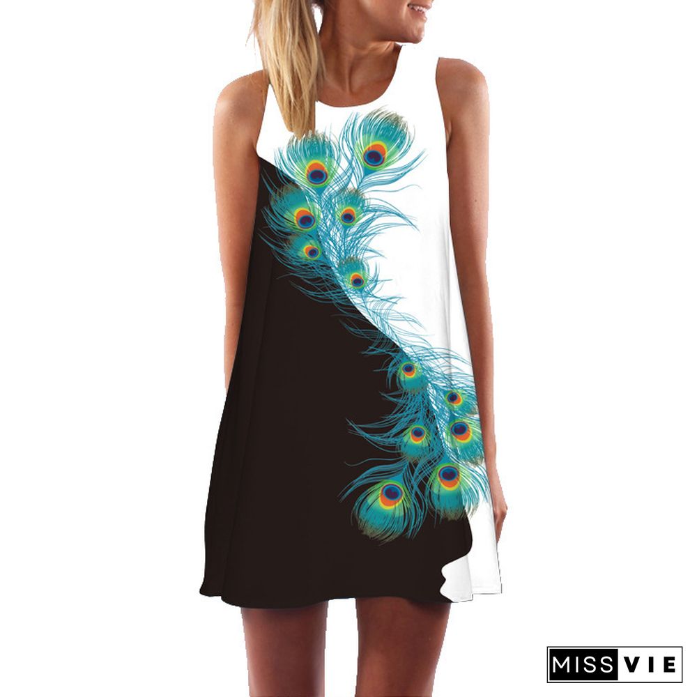 Digital Print Pullover Sleeveless Mid-length Skirt Sexy Dress